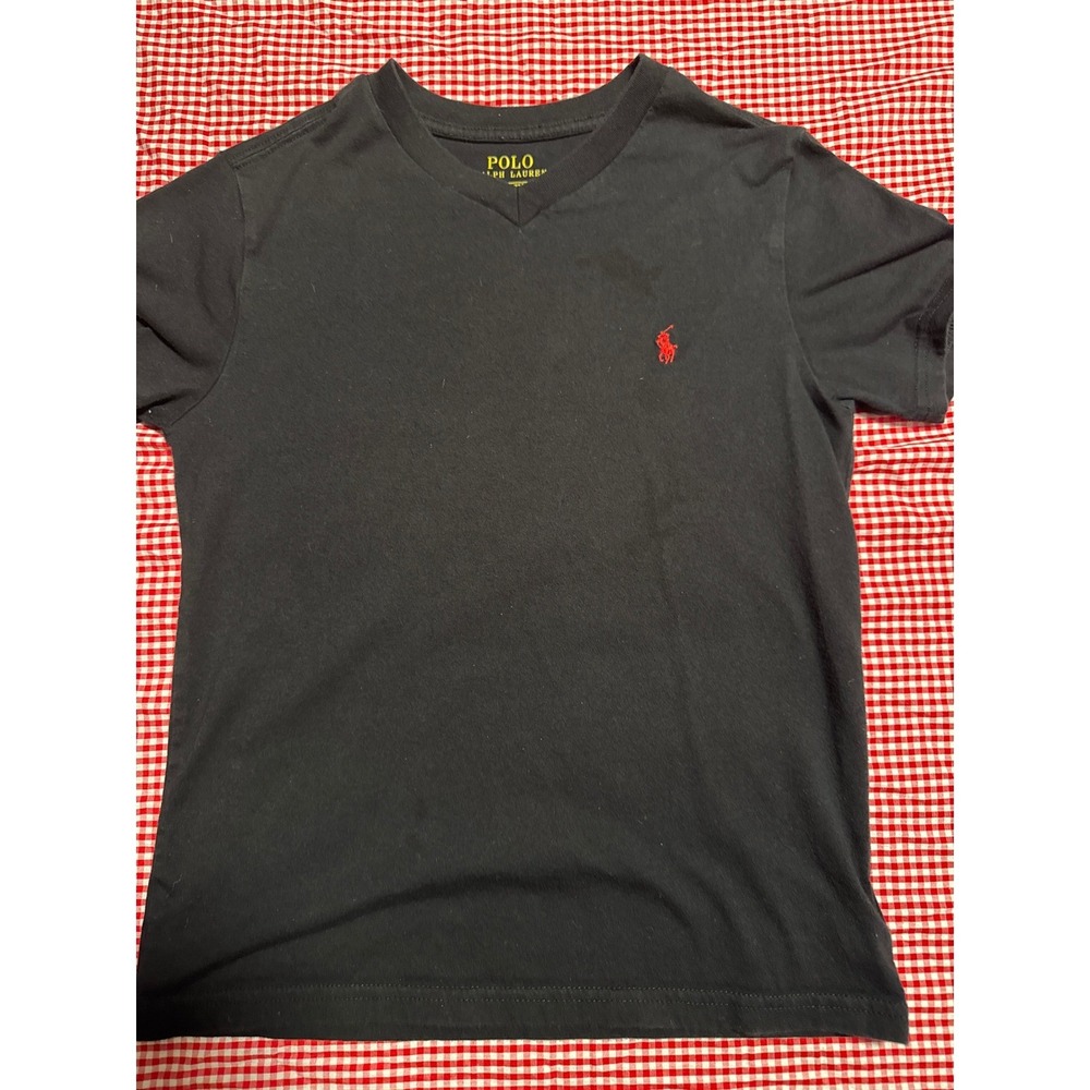 Kids Polo Ralph Lauren Black V Neck T Shirt Red Pony Logo Size S